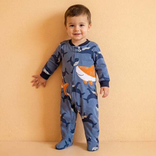 Whale Print Footed Baby Romper