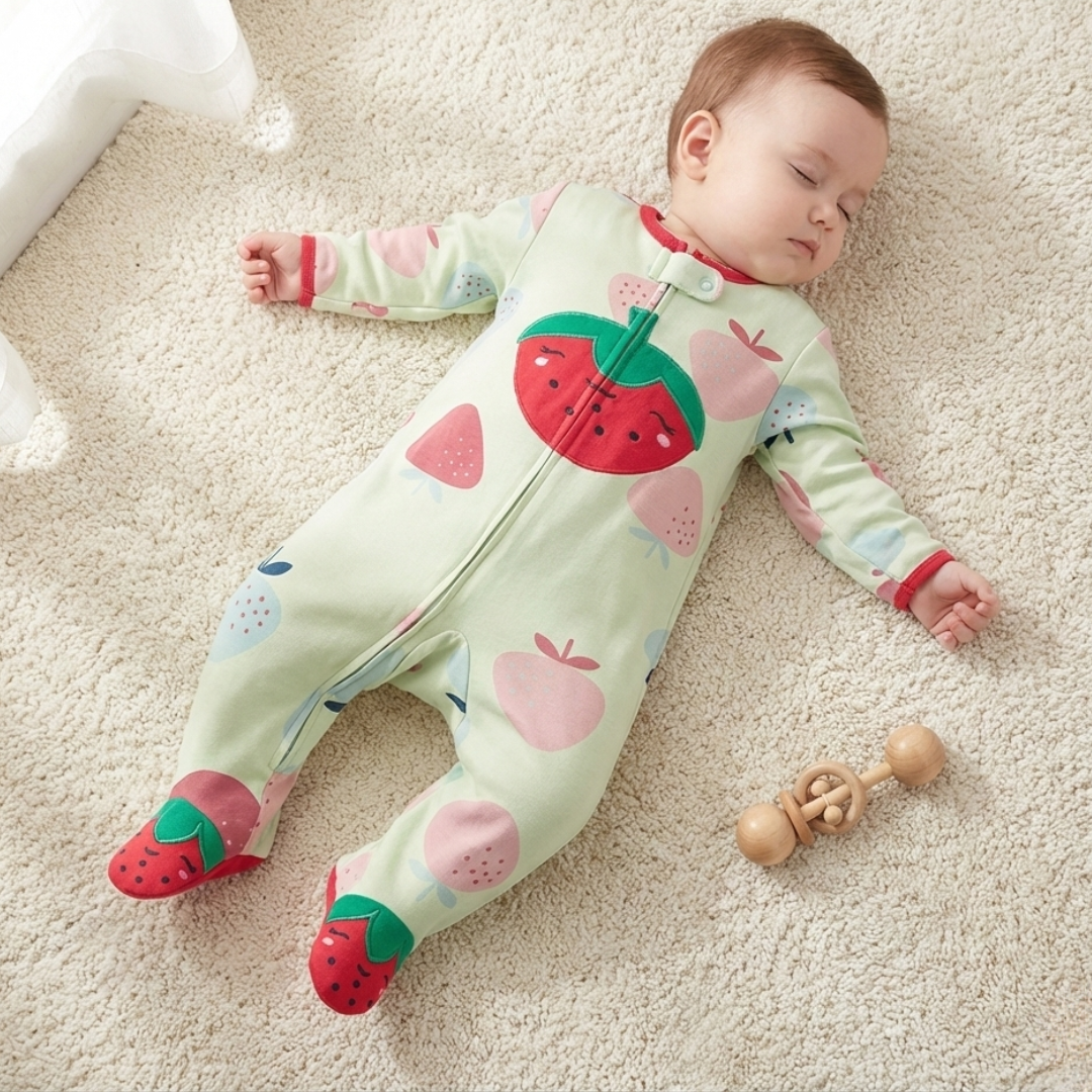 Sweet Strawberry Footed Baby Romper