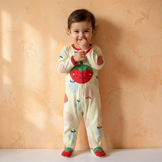 Sweet Strawberry Footed Baby Romper