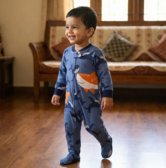 Whale Print Footed Baby Romper