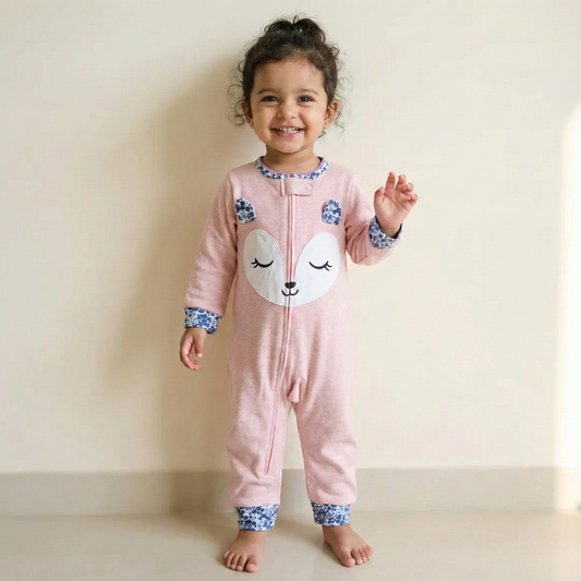 Sleepy Pink Fox Baby Romper