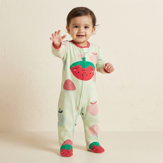 Sweet Strawberry Footed Baby Romper