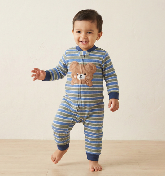 Striped Bear Cozy Baby Romper